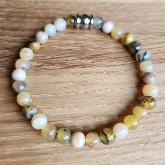 SOLD Yellow Dendritic Opal Gemstone Beads Bracelet - Picture 3 of 9